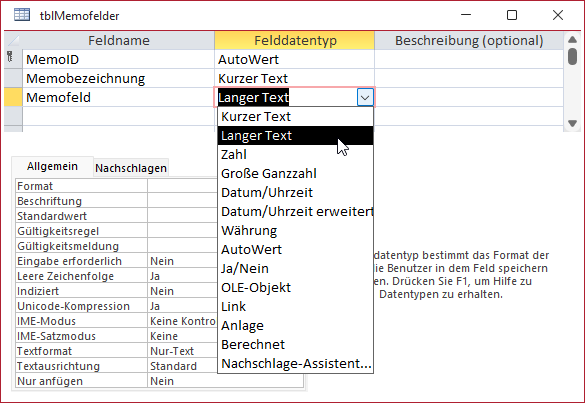 Tabelle mit einem neuen Memofeld