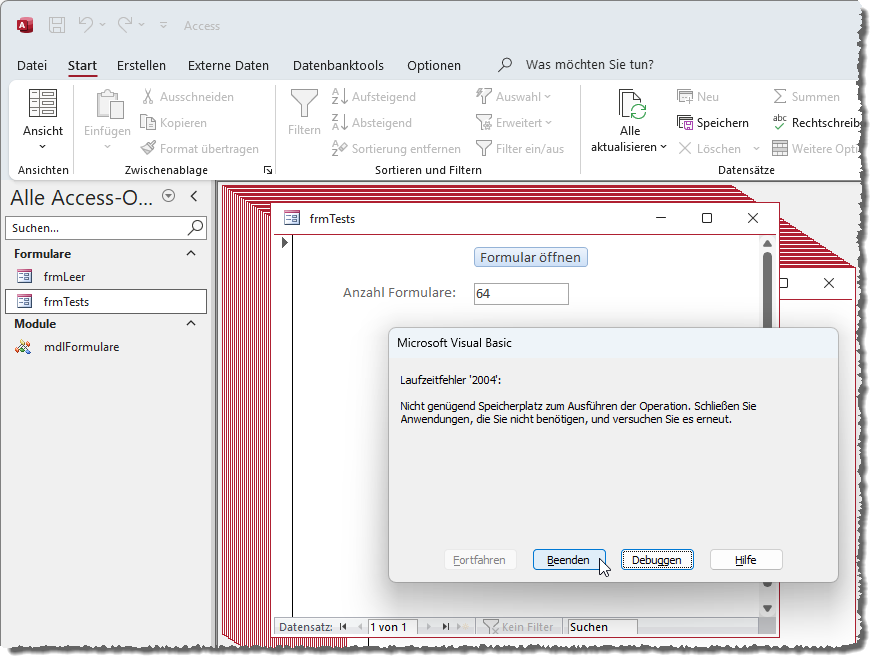Meldung nach einigen geöffneten Formularen