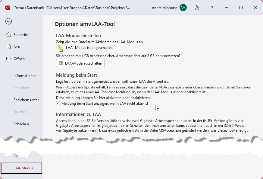 Einstellungen zum Tool im Datei-Menü
