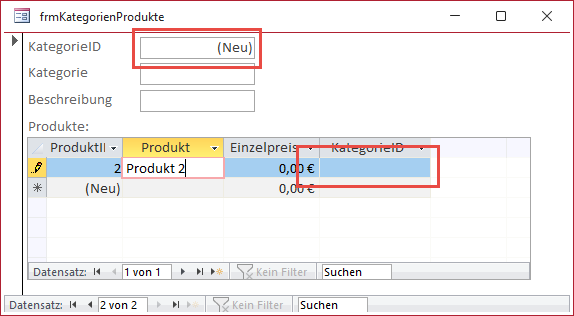 Ohne Kategorie wird auch das Fremdschlüsselfeld nicht vorbelegt