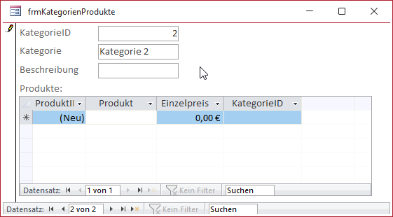Nach dem Ergänzen der Kategorie verschwindet der Datensatz im Unterformular.