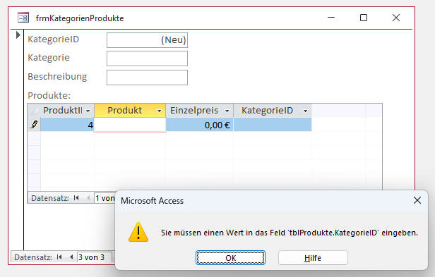 Fehler beim Anlegen eines Produkt-Datensatzes ohne erforderlichen Wert im Feld KategorieID