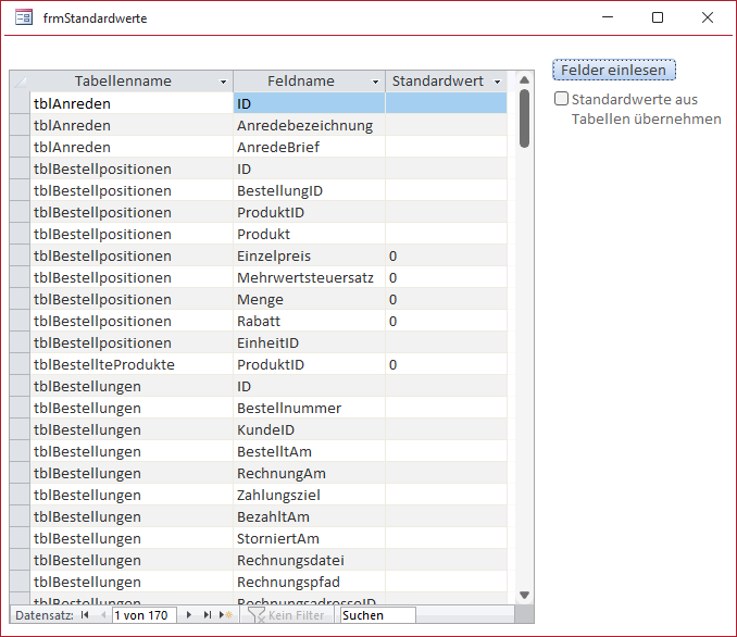 Liste der Standardwerte