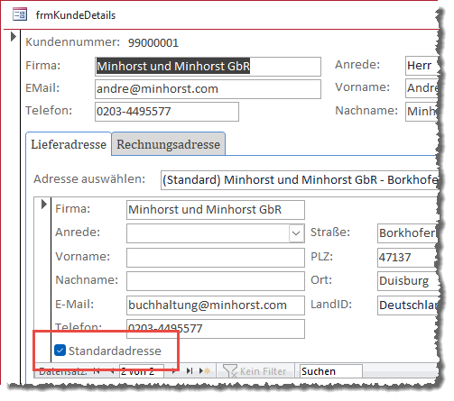 Die 1:n-Beziehung mit Standardzuordnung im Formular