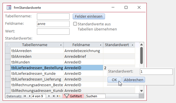 Standardwerte für Nachschlagefelder müssen noch von Hand eingegeben werden.