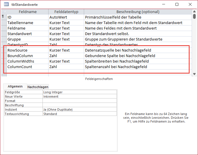 Zusätzliche Informationen zum Anzeigen von Nachschlagefeldern