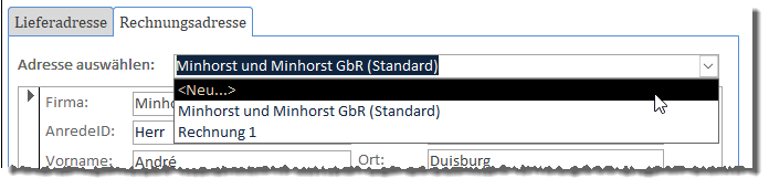 Neuanlage einer Adresse per Auswahlfeld