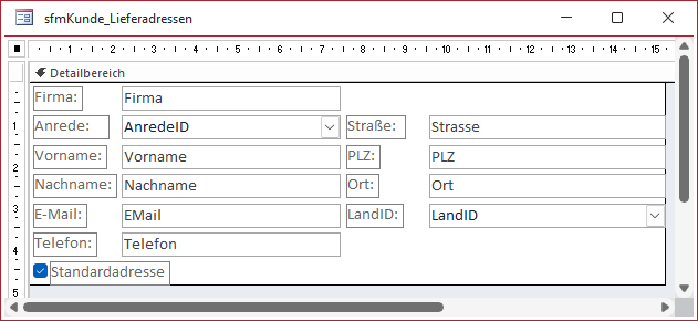 Entwurf des Unterformulars für die Lieferadressen
