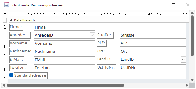 Entwurf des Unterformulars für die Rechnungsadressen