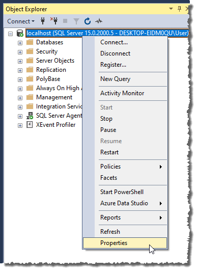 Öffnen der Eigenschaften des SQL Servers