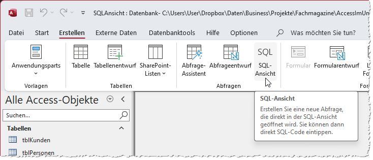 Neue Schaltfläche zum Anlegen einer Abfrage in der SQL-Ansicht