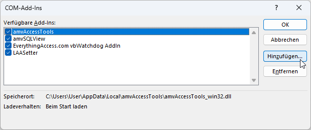 Registrierung über die Access-Optionen