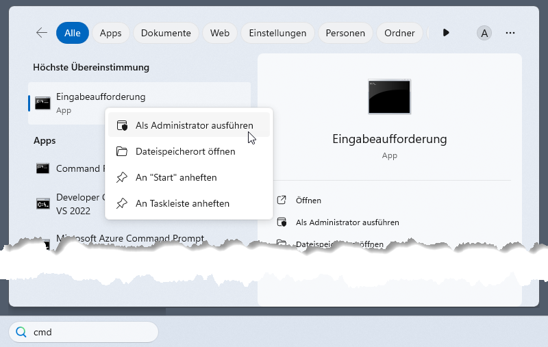 Öffnen der Eingabeaufforderung als Administrator