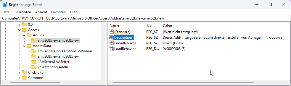 Hauptregistry-Einträge für das COM-Add-In