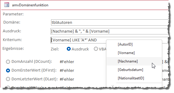 Auswahl der Felder per Kontextmenü