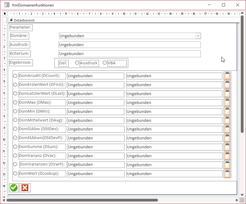 Entwurfsansicht des Formulars frmDomaenenfunktionen