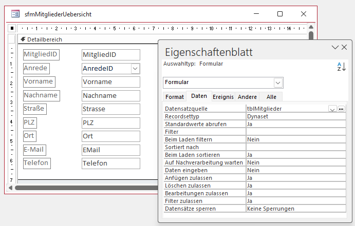 Erstellen des Unterformulars der Übersicht
