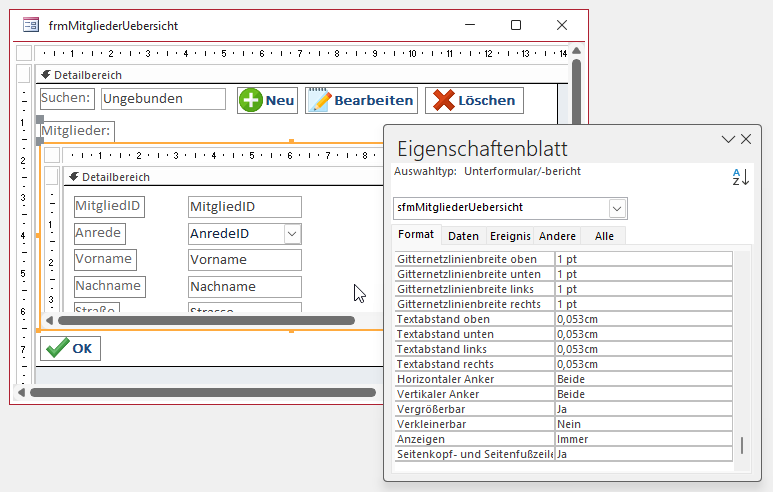 Das Unterformular im Hauptformular
