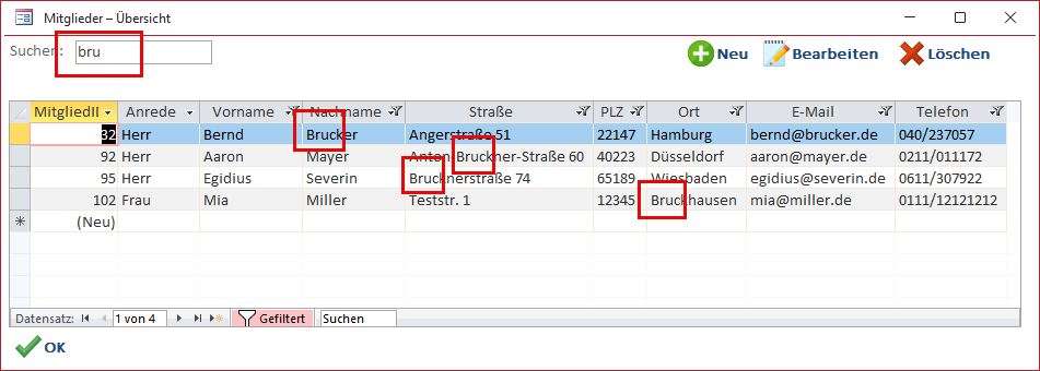 Die Suchfunktion in Aktion