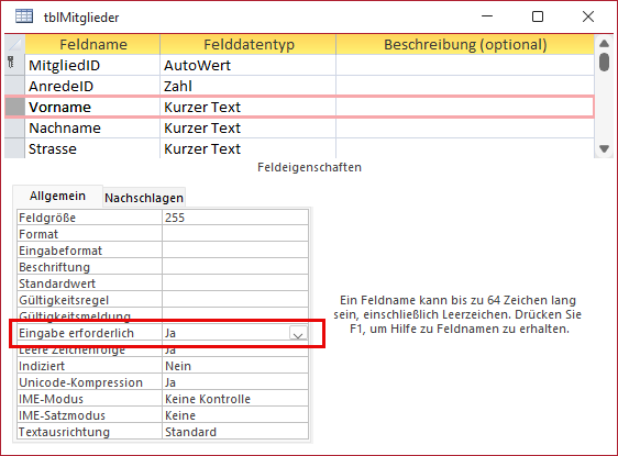Tabelle mit Restriktion für das Feld Vorname