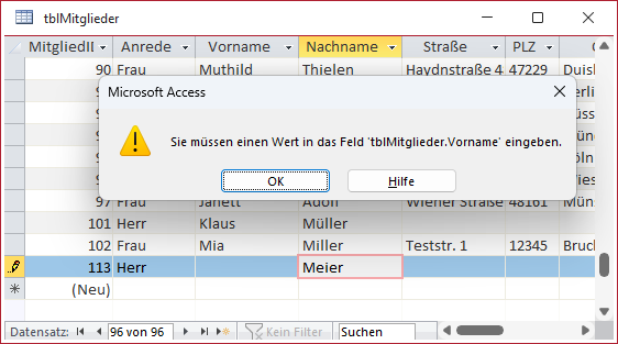 Meldung beim Verletzen der Restriktion
