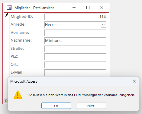 Meldung auch im Formular beim Schließen mit der Taste X