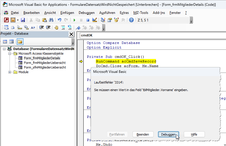 Laufzeitfehler beim Speichern des Datensatzes
