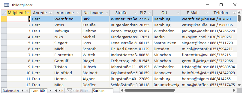 Beispieltabelle tblMitglieder