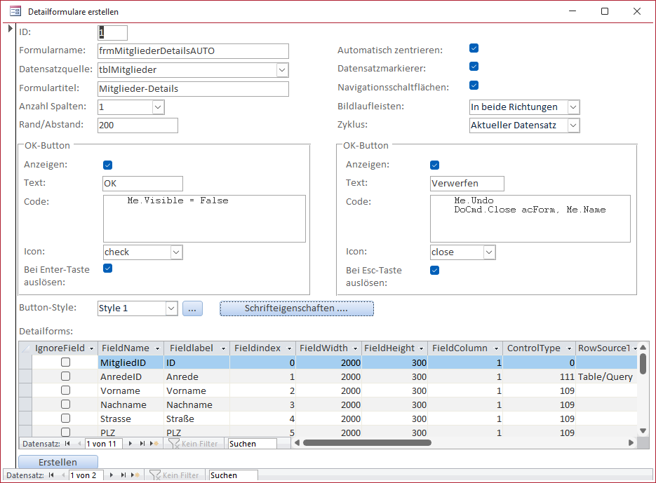 Formular zum Konfigurieren neuer Detailformulare