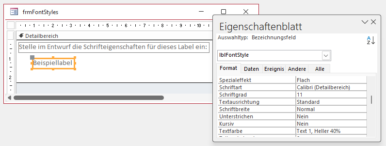 Formular zum Einstellen einiger Schaltflächeneigenschaften