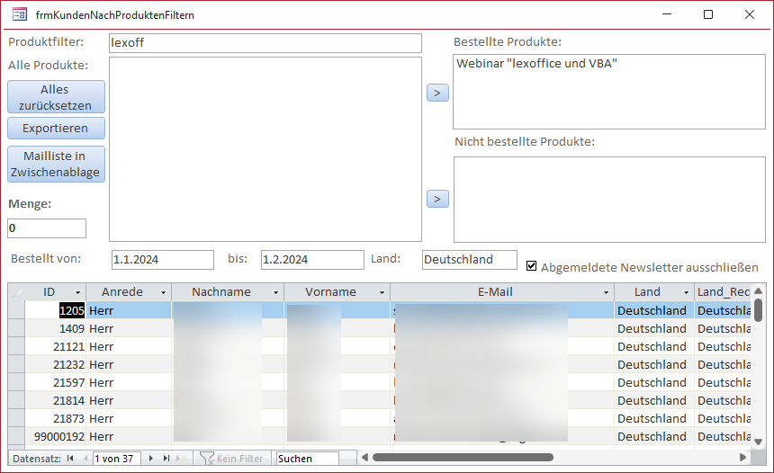 Formular zum Zusammenstellen der Abfrage