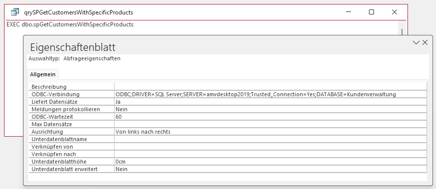 Abfrageentwurf für den Zugriff auf eine gespeicherte Prozedur
