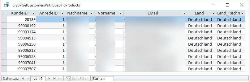 Ergebnis in Access in der Datenblattansicht der Abfrage