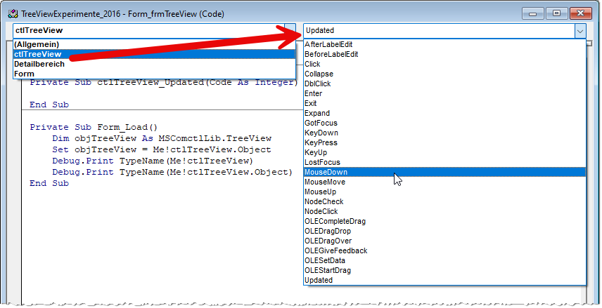 Anlegen des MouseDown-Ereignisses für ctlTreeView