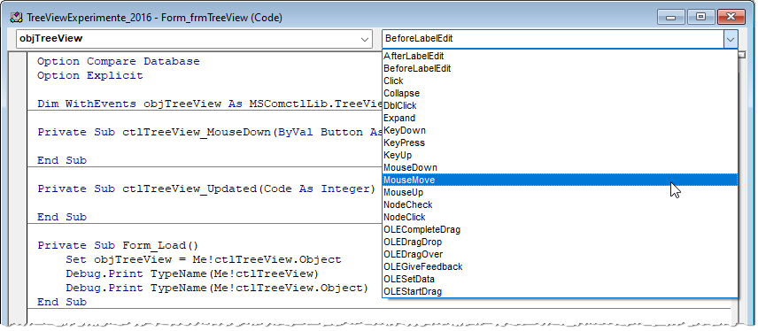 Anlegen des MouseDown-Ereignisses für die Objektvariable objTreeView