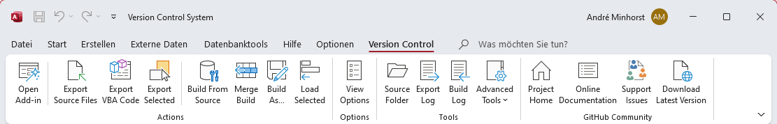 Die Benutzeroberfläche des Version Control Add-Ins