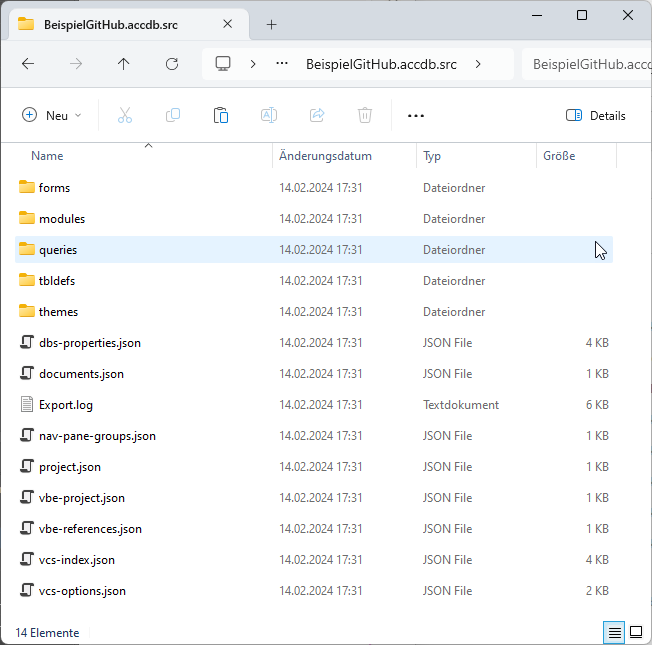 Exportierte Access-Elemente und Informationen
