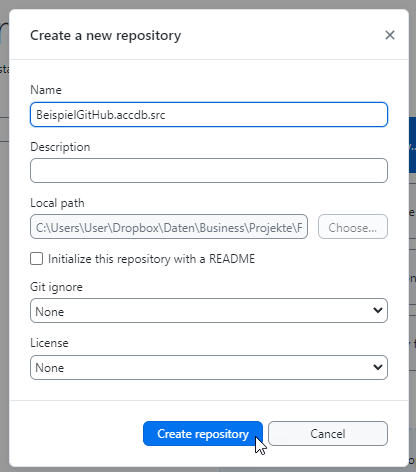 Eingeben der Eigenschaften des Repositorys