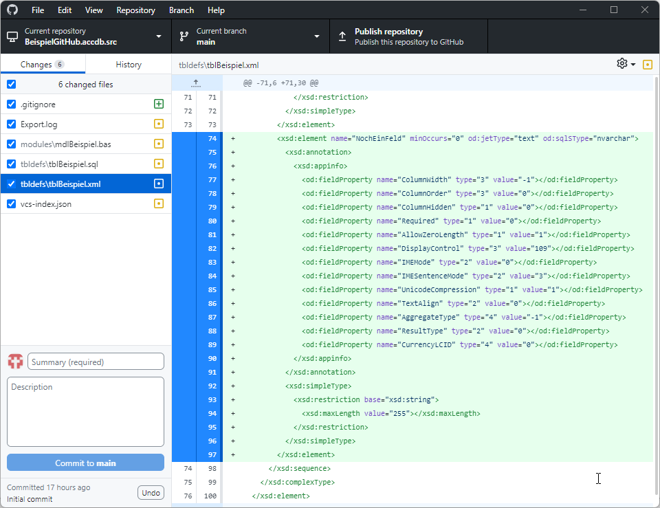 Unterschiede am XML-Code für ein neues Feld in einer Tabelle