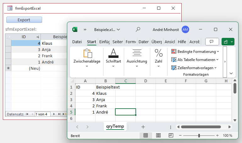 Der Export mit Filter und Sortierung