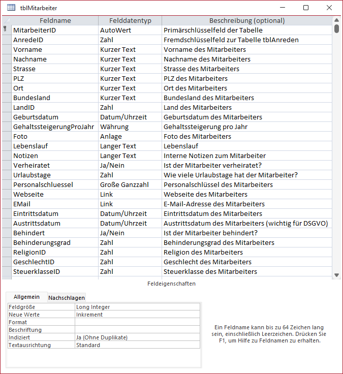 Entwurf der Mitarbeitertabelle