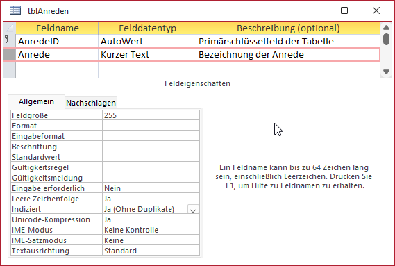 Entwurf der Tabelle tblAnreden