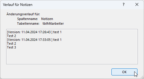 Inhalt eines Memofeldes mit aktivierter Eigenschaft Nur anfügen.