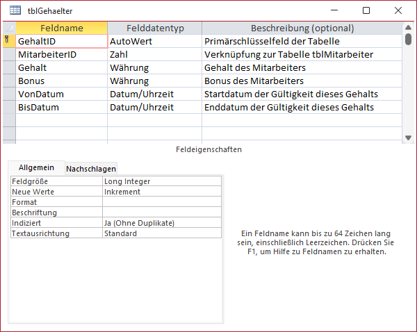Tabelle zum Speichern von Gehältern