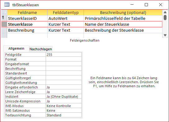 Tabelle zum Speichern von Steuerklassen