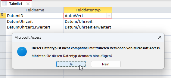 Meldung beim Hinzufügen eines Datum/Uhrzeit erweitert-Feldes