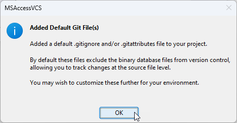 Meldung über das Anlegen von Git-Dateien