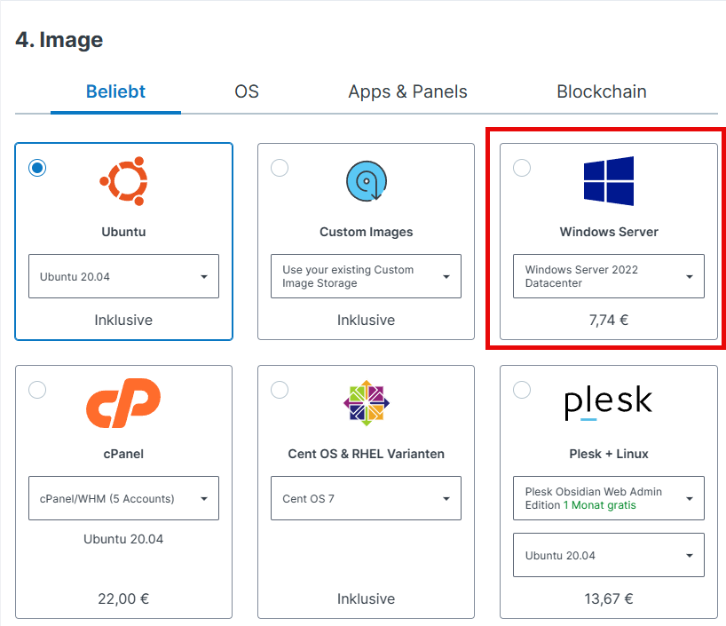 Auswahl des Betriebssystems