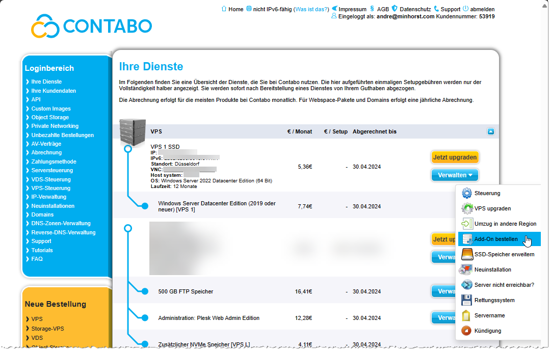 Verwaltung des Servers bei contabo.de