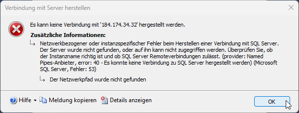 Fehlermeldung beim Versuch, eine Verbindung aufzubauen